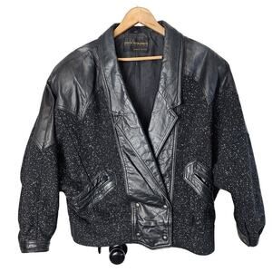 Vintage 8os Bomber Jacket Womens Size 12 Black Wool Leather Punk Glam Rock Retro